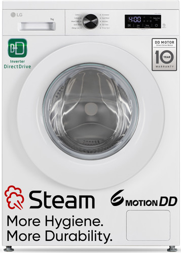LG 7 kg 5 Star, Allergen free with Steam, Inverter Direct Drive - Less vibration, less noise, 6 Motion Direct Drive, Touch Panel, 1200 RPM, Essence Fully Automatic Front Load Washing Machine with In-built Heater White