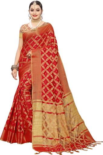 Buy Samah Embellished, Woven Kanjivaram Cotton Silk, Jacquard Red Sarees Online @ Best Price In India | Flipkart.com