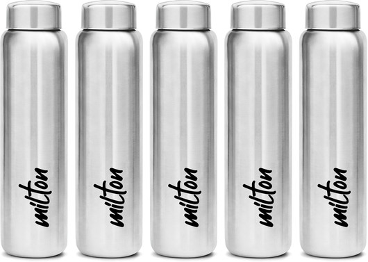 MILTON Aqua 1000 Stainless Steel Water Bottle, Set of 5, 950 ml Each, Silver 950 ml Steel Bottle (Pack of 5, Silver)