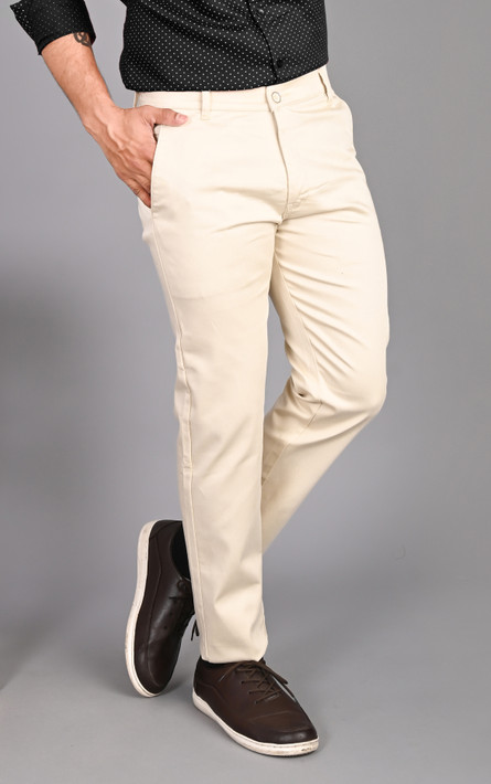 FUBAR Men Slim Fit Cream Cotton Blend Trousers