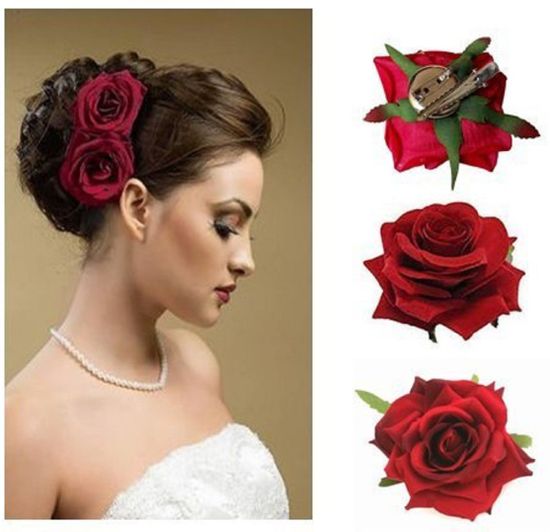 Nerr Red Velvet Vintage Rose Flower Brooch Pin For Wedding Party Hair Clip Red Hair Accessory Set