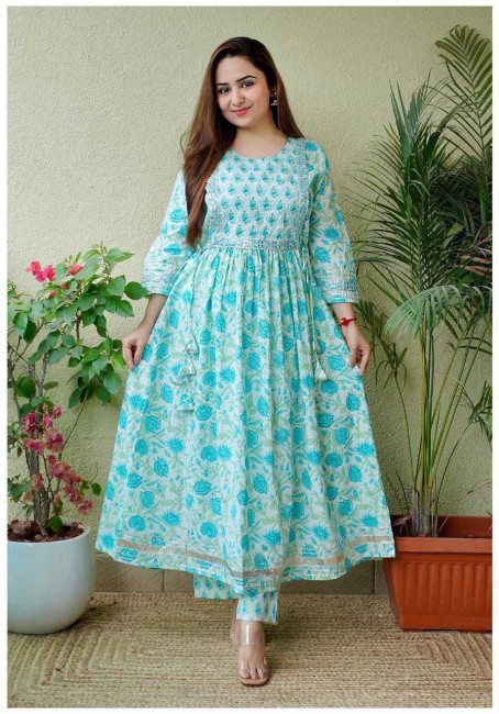 Buy SeaGreen Digital Printed Cotton Palazzo Suit At Ethnic Plus