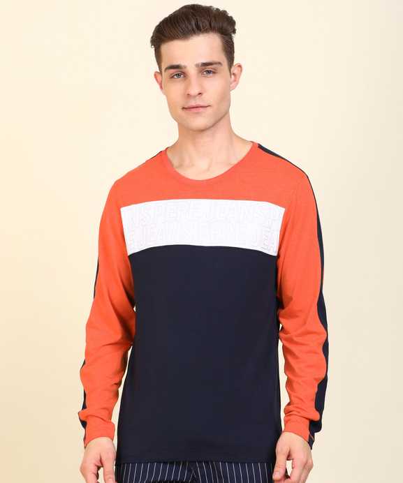 Color Block Men Round Neck Orange T-Shirt