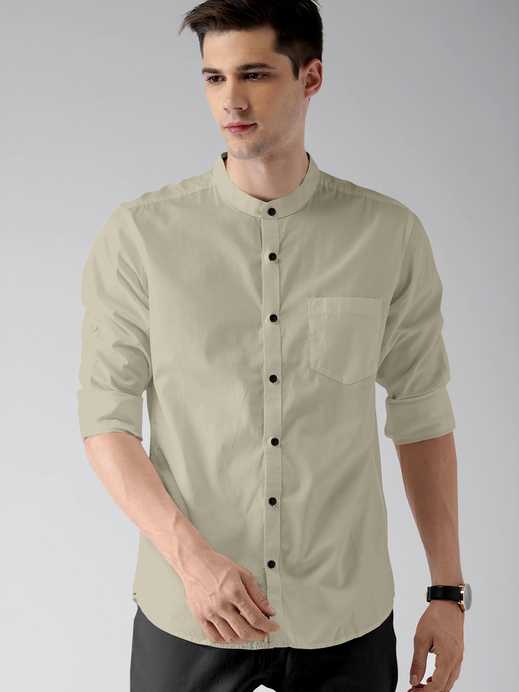 Men Regular Fit Solid Mandarin Collar Casual Shirt