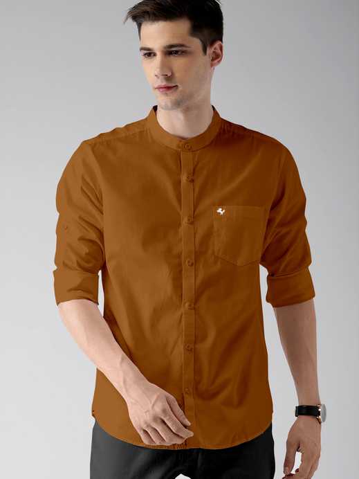 Men Regular Fit Solid Mandarin Collar Casual Shirt