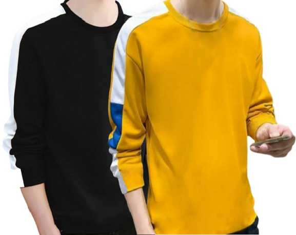 Solid Men Round Neck Black, Yellow T-Shirt