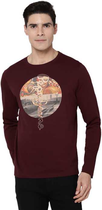 Printed Men Round Neck Maroon T-Shirt