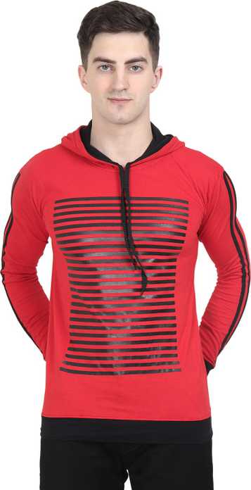 Striped Men Hooded Neck Red T-Shirt