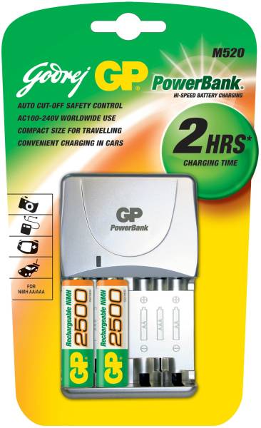 Godrej GP Powerbank M 520 (with 2 Pcs GP 2500 mAh AA batteries) Camera Battery Charger