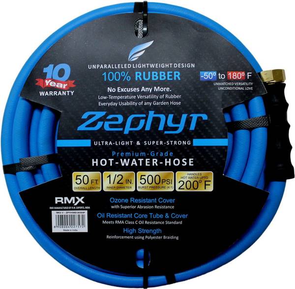 ZEPHYR ZPYHWE13050F Next-Gen Rubber Garden Hose - Ultra-Light Yet Super-Strong - 1/2" X 50' (15M) W/ 10 Year Warranty - With Brass End-Fittings Hose P...