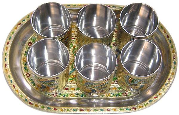 Rastogi Handicrafts Steel Tray, Glass Serving Set