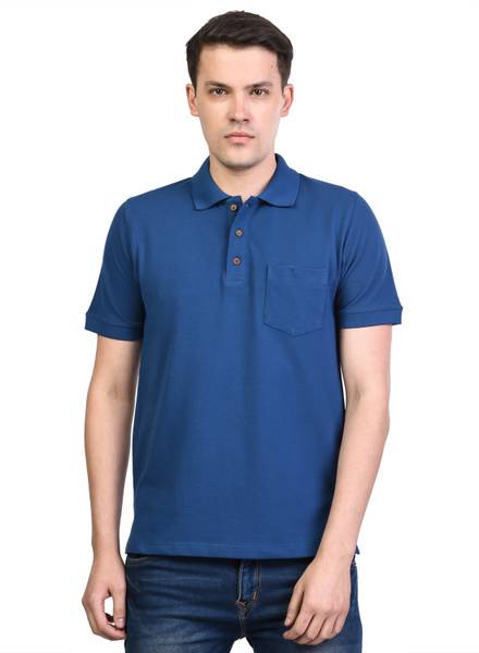 KALT Solid Men Polo Neck Blue T-Shirt