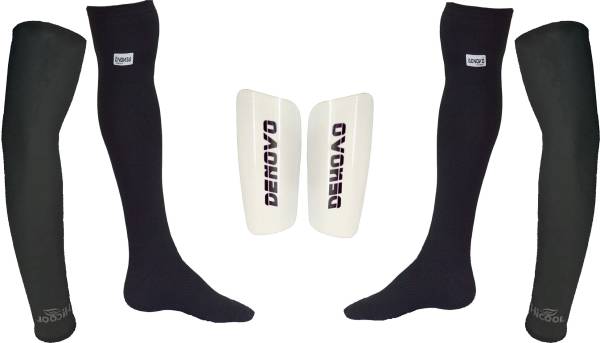 DENOVO Ultimate Protection (One Pair Large Shin Guard + One Pair Lycra Plain Knee Length Football Socks + One Pair UV Protection Arm Sleeves) Football...