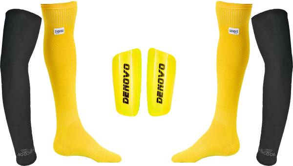 DENOVO Ultimate Protection (One Pair Large Shin Guard + One Pair Lycra Plain Knee Length Football Socks + One Pair UV Protection Arm Sleeves) Football...