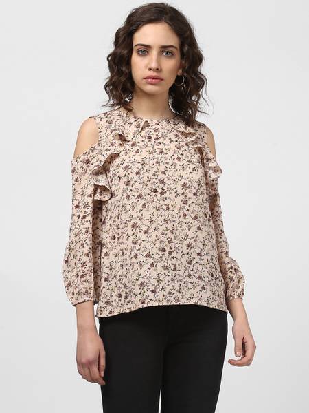 HARPA Casual Cold Shoulder Printed Women Beige Top