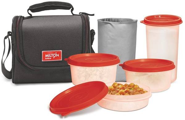 MILTON Full Meal 3 combo 4 Pc Lunch pack with Glass, Black 4 Containers Lunch Box