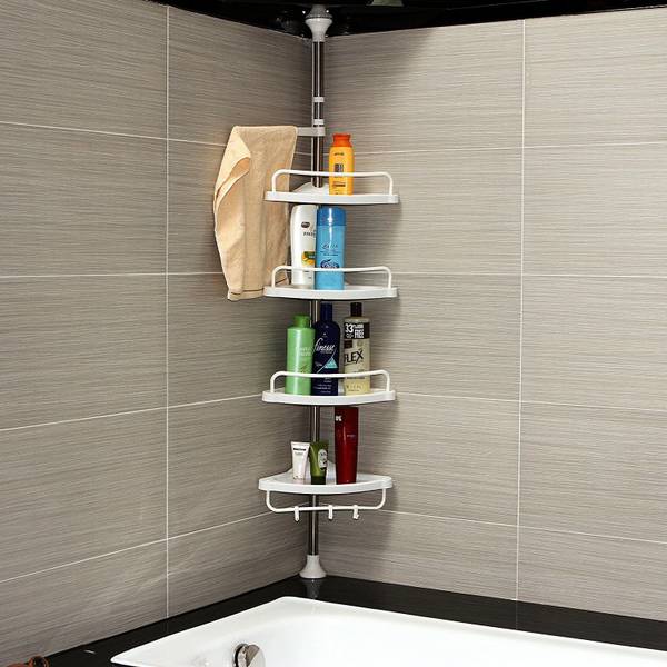 BI3 i3 Blossoms 4 Tier Adjustable Bathroom Organiser Corner Shower, Stainless Telescopic Shelf Rack Caddy - (95 - 300cm) Stainless Steel, Plastic Wall...