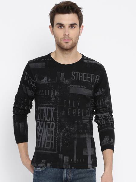 Roadster Printed Men Round Neck Black T-Shirt