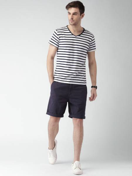 Mast & Harbour Striped Men V Neck White T-Shirt