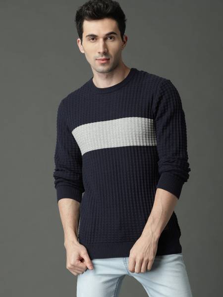 Roadster Solid Round Neck Casual Men Blue, White Sweater