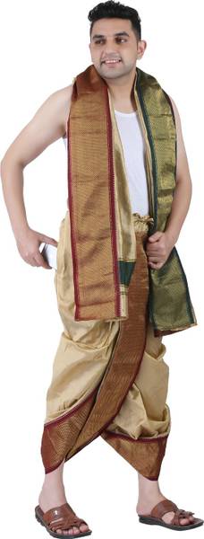 Prakasam Cotton Art silk Men's Beige Colour Panchakacham Readymade dhoti & towel set with pocket Solid Men Dhoti