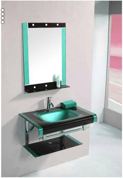 Vision glass OV_060 24"x21" Inch Glass Wash Basin With Mirror Self & Steel Stand (Full Set) Wall Hung Basin