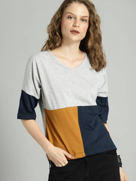 Roadster Colorblock Women Round Neck Grey T-Shirt