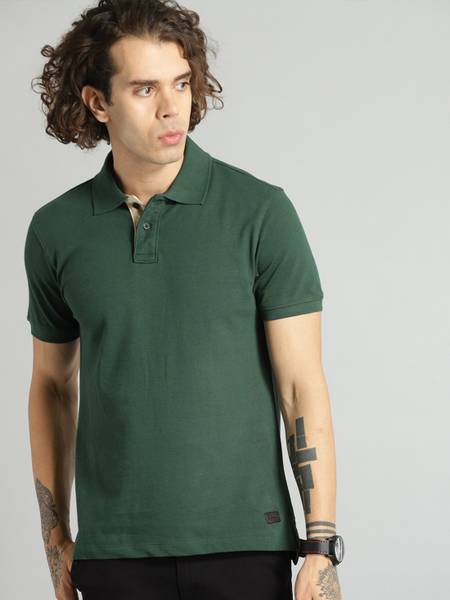 Roadster Solid Men Polo Neck Dark Green T-Shirt