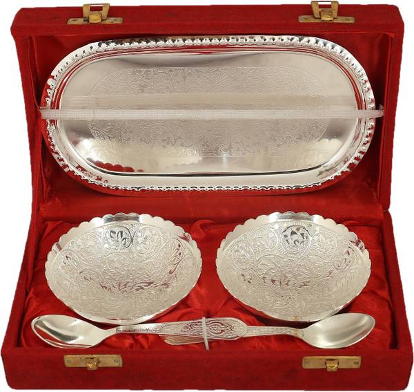 Rjkart Silver Plated Serving Bowl Handicrafts Brass Silver Plated Serving Bowl Spoon and Tray Set of 5 for Home Dcor