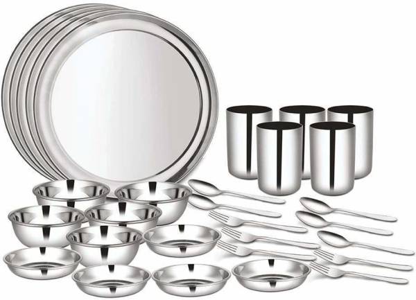 Shri & Sam Pack of 30 Stainless Steel High Grade Stainless Steel Dinner Set, 30-Pieces, Service for 5 People, Silver Dinner Set