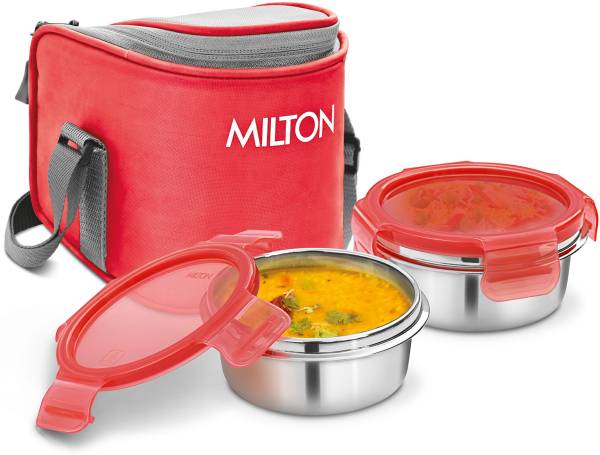 MILTON Cube-2 Stainless Steel Tiffin Lunch Box with 2 Containers, 300 ml each, Red 2 Containers Lunch Box