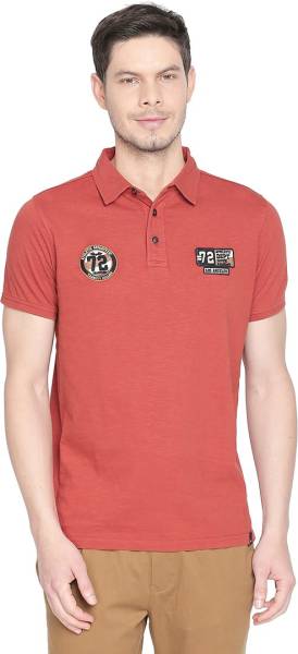 BASICS Self Design Men Polo Neck Red T-Shirt