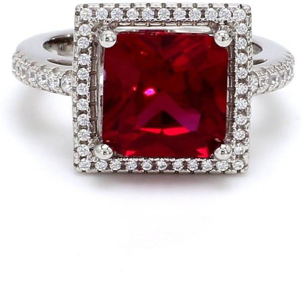 Ornate Jewels American Diamond Princess Square Red Ruby Ring Size - 11. Sterling Silver Ruby Rhodium Plated Ring