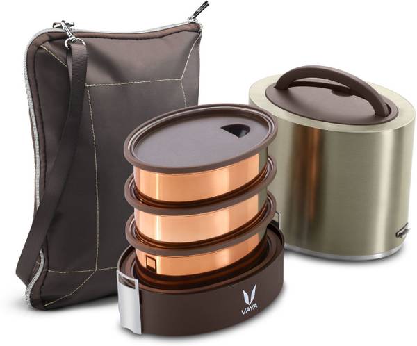 Vaya Tyffyn 1000 ml Graphite Copper-Finished Stainless Steel Tiffin Box with BagMat (One 400 ml + Two 300 ml Containers) - 3 Containers Lunch Box