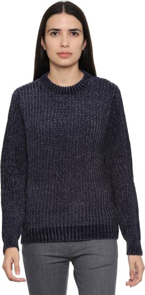 VAN HEUSEN Self Design Round Neck Casual Women Blue Sweater