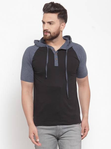 KALT Colorblock Men Hooded Neck Dark Blue T-Shirt
