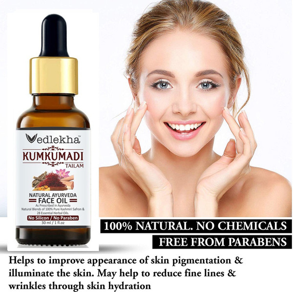 Huile Visage Kumkumadi Bio Vedlekha 30ml - Pour Une Peau éclatante, Tous Types De Peaux