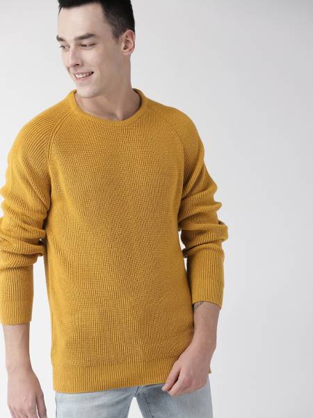 Mast & Harbour Solid Round Neck Casual Men Yellow Sweater - Price