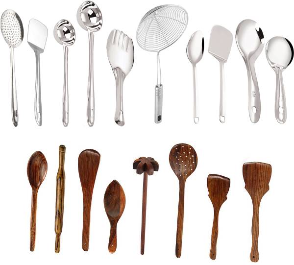 Petals 18-Pieces Set, 10 Pieces Stainless Steel Cooking And Serving Spoons and 8 Pieces Wooden Spoons and Spatulas Kitchen Tool Set