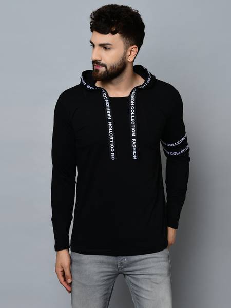Solid men hooded hotsell neck black t shirt