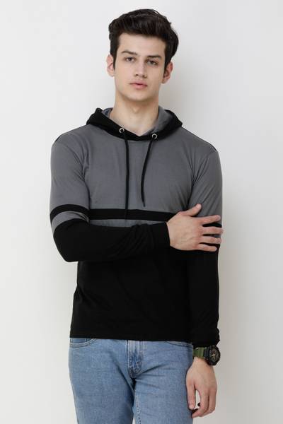 Wrath Colorblock Men Hooded Neck Black, Grey T-Shirt