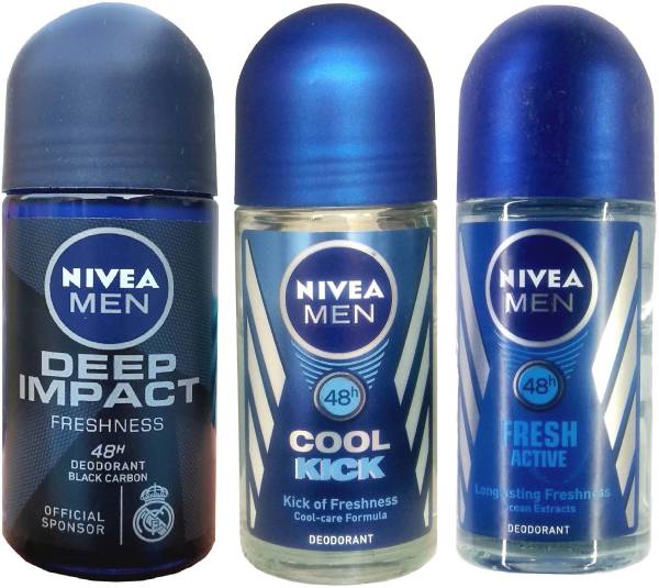 NIVEA Deep Impact + Cool Kick + Fresh Active Roll-on Deodorant 3 Units of 50ml Deodorant Roll-on - For Men