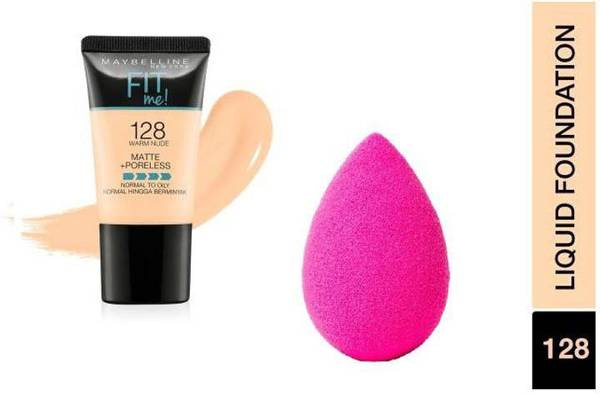 MAYBELLINE NEW YORK Fit Me Matte+Poreless Liquid Tube Foundation (128 Warm Nude, 18 ml) with Beauty Blender