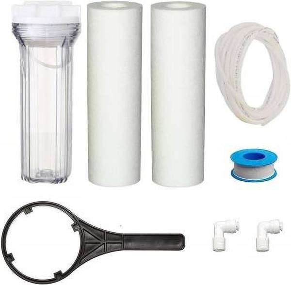 Dreem Store 10" Crystal Glass Clear Transparent Pre Filter Housing with 2 Pcs. 10" PP Spun, Spanner Key, Teflon Tape, 2 Pcs. 1/4" Elbow Connector & 3 ...
