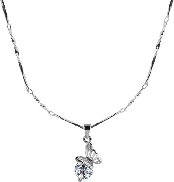 SILVER SHINE Silver Plated chain With Attractive Butterfly Shape Solitaire Diamond Pendant For Women Silver Plated Metal Chain