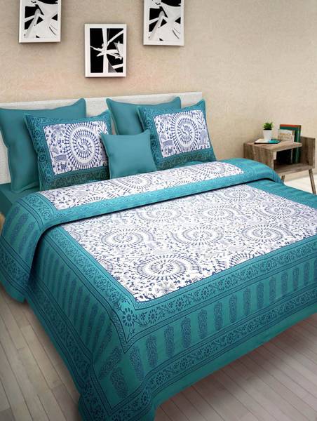 JaipurLoom 104 TC Cotton Double Jaipuri Prints Flat Bedsheet