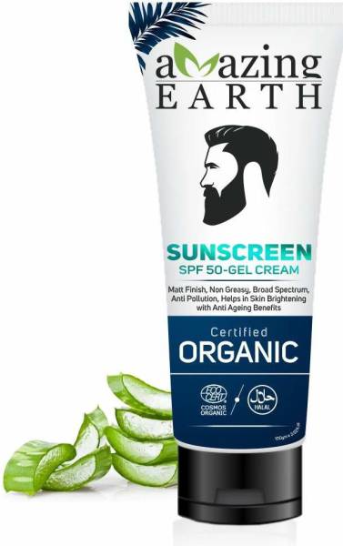 Amazing Earth Sunscreen - SPF 50 Sunscreen SPF 50 Gel Cream - Certified Organic, Matt Finish, Skin Brightening, Anti-Aging, No Parabens, Vegan & Cruel...