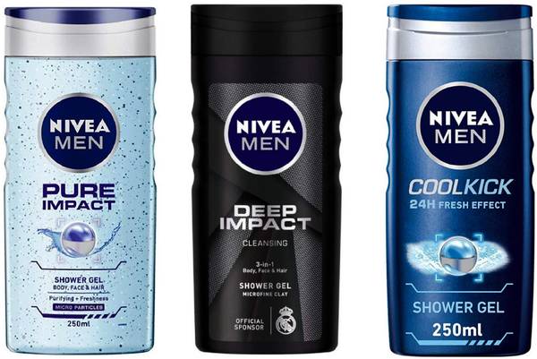 NIVEA MEN PURE IMPACT , DEEP IMPACT , COOLKICK (250 ML) (PACK OF 3) SHOWER GEL 71