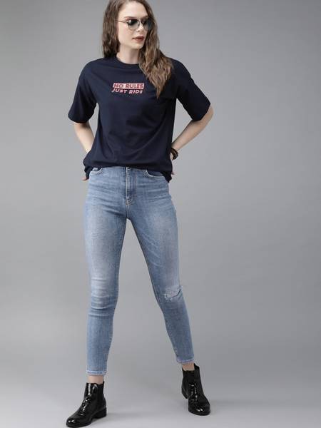 Roadster Solid Women Round Neck Dark Blue T-Shirt