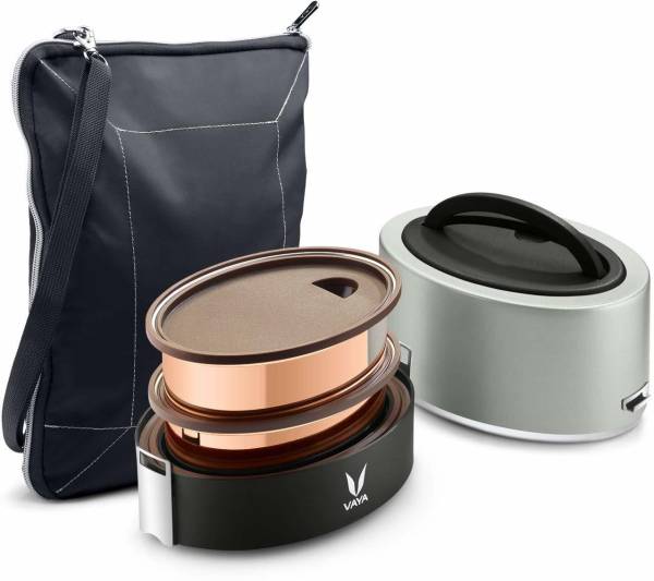 Vaya Tyffyn 600 ml Silver Copper-Finished Stainless Steel Tiffin Box with BagMat (Two 300 ml Containers) - 2 Containers Lunch Box
